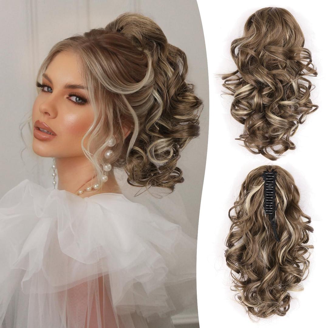 Clip on Ponytails for Women - 12 Inch Curly Ponytail Extension, Wavy Pony Tails Hair Extensions, Synthetic Hair Extensions Ponytail, Clip in Ponytail (Color: Ash Brown with Beige Blonde Highlights)