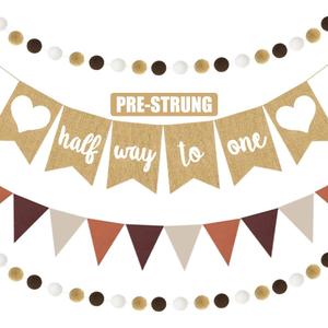 Half Way to One Banners, 4 Pcs 1/2 Birthday Decorations Burlap Pennant and Felt Brown Cream Beige Bunting with Pom Pom Ball Garland 6 Months Photoshoot Props for Neutral Baby Boy Girl Boho Party Favor