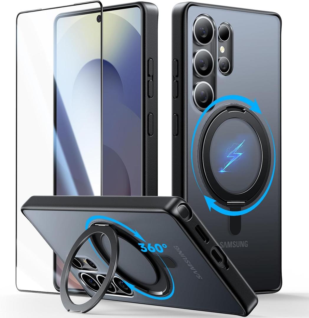 JUESHITUO 3 in 1 for Samsung Galaxy S25 Ultra Case, [Non-Yellowing] 360 Rotatable Magnetic Ring Stand with [1X Screen Protector] S25 Ultra Phone Cover, Black