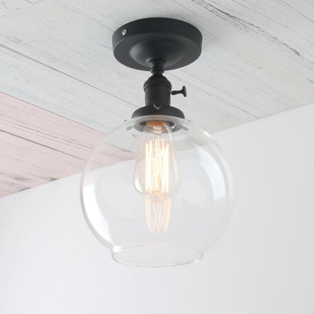PERMO Semi Flush Mount Ceiling Light Black Hallway Light Fixture with Large 7.9" Globe Clear Glass Shade for Bedroom Kitchen Hallway (Black)