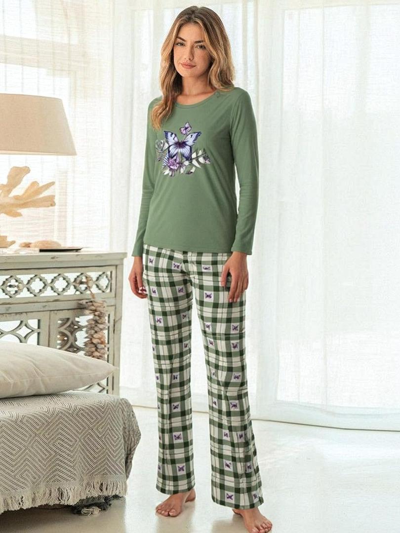 2Pcs Women's Pajama Set,Lounge Top and Plaid Pants Sleepwear,Soft Lounge Sleep Set,Cute Casual Loungewear for Home or Sleep (M)