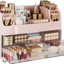 Delamu Large Makeup Organizer Countertop with 6 Brush Holders, Makeup Organizers for Vanity with 2 Large Drawers, Easy to Store Skincare, Lipsticks, Nail Polishes, Perfumes, Eyeshadow Palettes, Pink