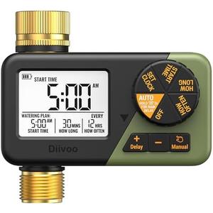 Diivoo Brass Sprinkler Timer, IP66 Waterproof Programmable Hose Timers for Watering with Large Display, Rain Delay & Manual Mode for Outdoor Automatic Irrigation of Garden, Lawn, Yard