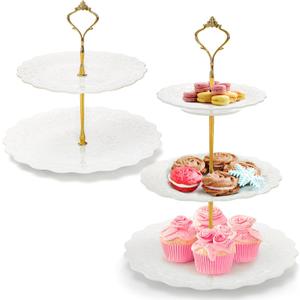 SOUJOY Set of 2 Porcelain Tiered Cupcake Stand, White Embossed Dessert Stand with Gold Rod, 3 Tiers and 2 Tiers Serving Trays for Tea Party Wedding Baby Shower Home Birthday