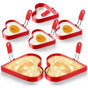 Patelai 6 Pcs Heart Pancake Mold Fried Hearts Shape Fried Egg Ring Set Stainless Steel Pancake Molds with Silicone Handle for Mothers Day Gift Breakfast Omelette Sandwich(Heart Style,4 Inch, 6 Inch)