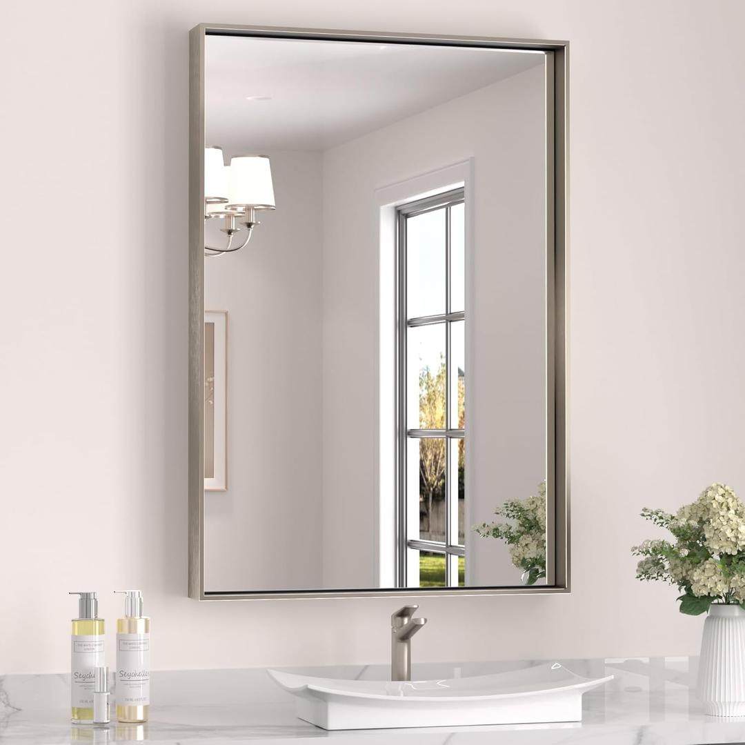 Keonjinn 24 x 36 In Brushed Nickel Bathroom Mirror, Rectangular Metal Framed Wall Vanity Mirror for Over Sink Square Corner Aluminum Alloy Modern Farmhouse Rectangle Silver Mirror(Horizontal/Vertical) (36"L x 24"W)