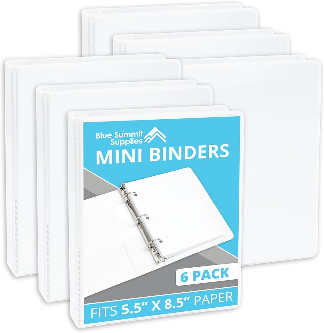 Blue Summit Supplies Mini 3 Ring Binder 5.5 x 8.5, 1 Inch Mini Binder 3 Ring, Ideal for Playbills or Planners, Small, White, 6 Pack