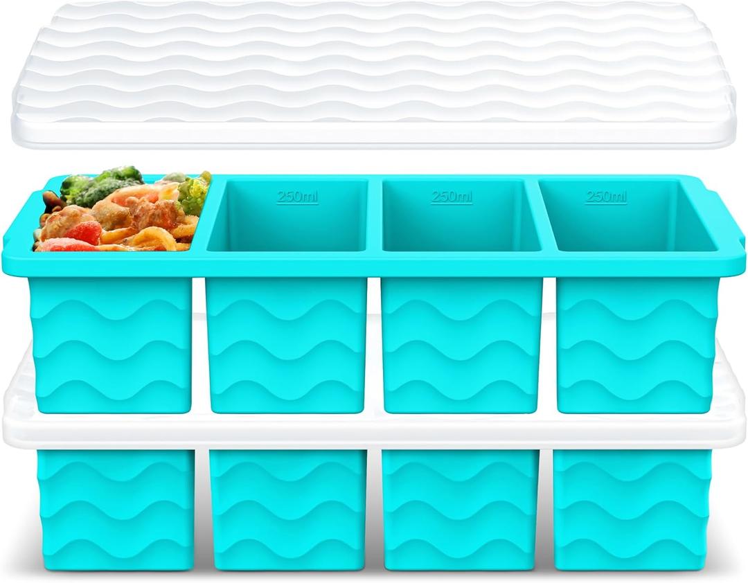 Silicone Freezer Molds for Soup with Lid  1-Cup Soup Container Style Ice Cube Trays for Freezer, Meal Prep & Food Storage, Freeze 250mL/125mL Portions  2 Pack (Lake Blue)