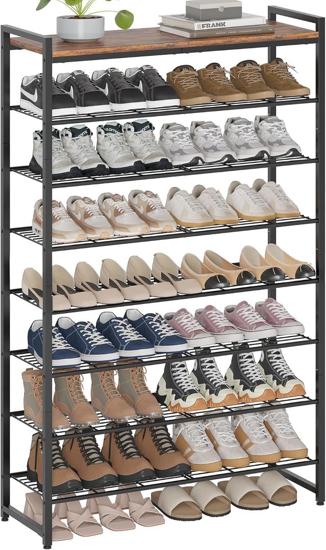 8 Tier Shoe Rack Organizer for 32-40 Pairs, Tall Metal Shoe Storage Shelf with Wood Top, Adjustable Boot Space, Narrow Design for Entryway Closet, Rustic Brown and Black