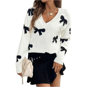Women's Bow Print Sweaters V Neck Lightweight Sweater Long Sleeve Pullovers Knit Top, L