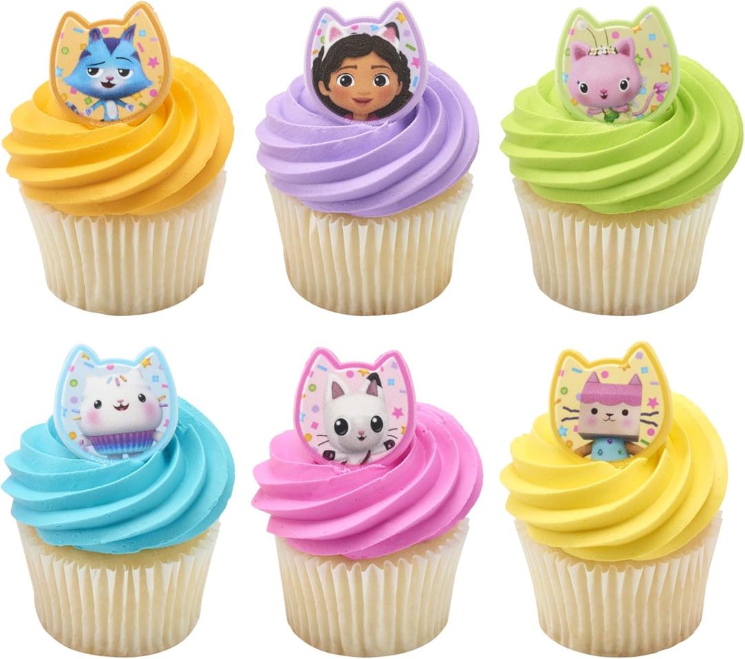 DecoPac DreamWorks Gabby's Dollhouse Rings, 24 Cupcake Decorations Featuring Gabby, Pandy Paws, Irresistible Kitty Characters, and Super Fun Adventures! - 24 Pack