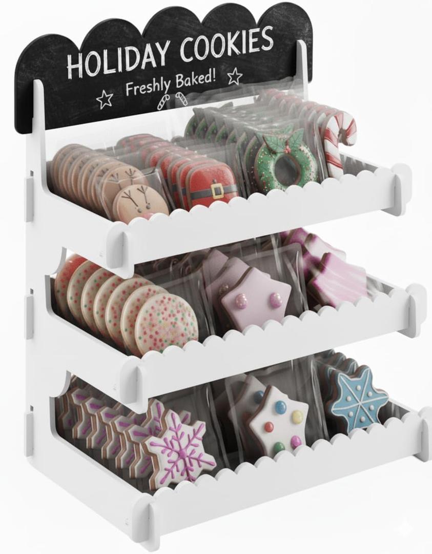 HOTCAN Cookie Display Stand for Bakers & Vendors - Wooden Cookie Stand with Chalkboard Sign for Market Booths, Craft Fairs & Events - Tiered Cookie Display for Cupcakes, Muffins & Pastries (White)