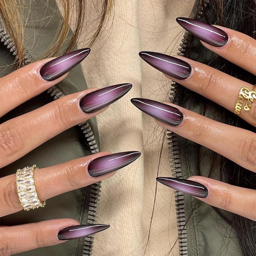SINHOT Press on Nails Long Stiletto Fake Nails Glossy Glue on Nails Goth Black Acrylic Nail Sharp Almond Artificial Nail Purple Ombre Aura Stick on False Nail with Design 24 pcs (FND0004D)