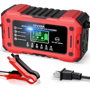 Battery Charger 15A 12V Fully Automatic Smart Trickle Car Battery Charger Maintainer with LCD Display & Temperature Compensation for Car Truck Motorcycle Lawn Mower Boat