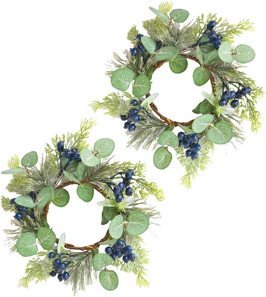2Pcs Christmas Candle Rings Artificial Eucalyptus Leaves with Blue Berry Norfolk Pine Wreath Small Boho Wreath Pillar Candle Holder for Wedding Home Door Tabletop Decoration (Blue)