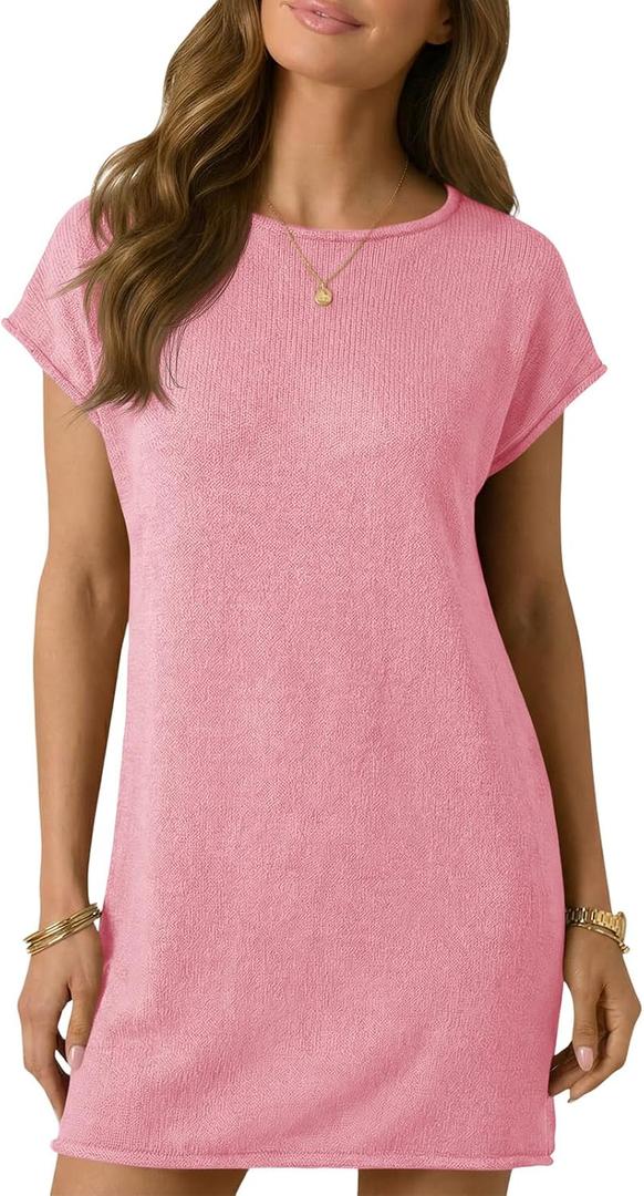 Wenrine Womens Summer Mini Dress Casual Knitted Short Cap Sleeve Boat Neck Loose Sweater Dresses (Pink)