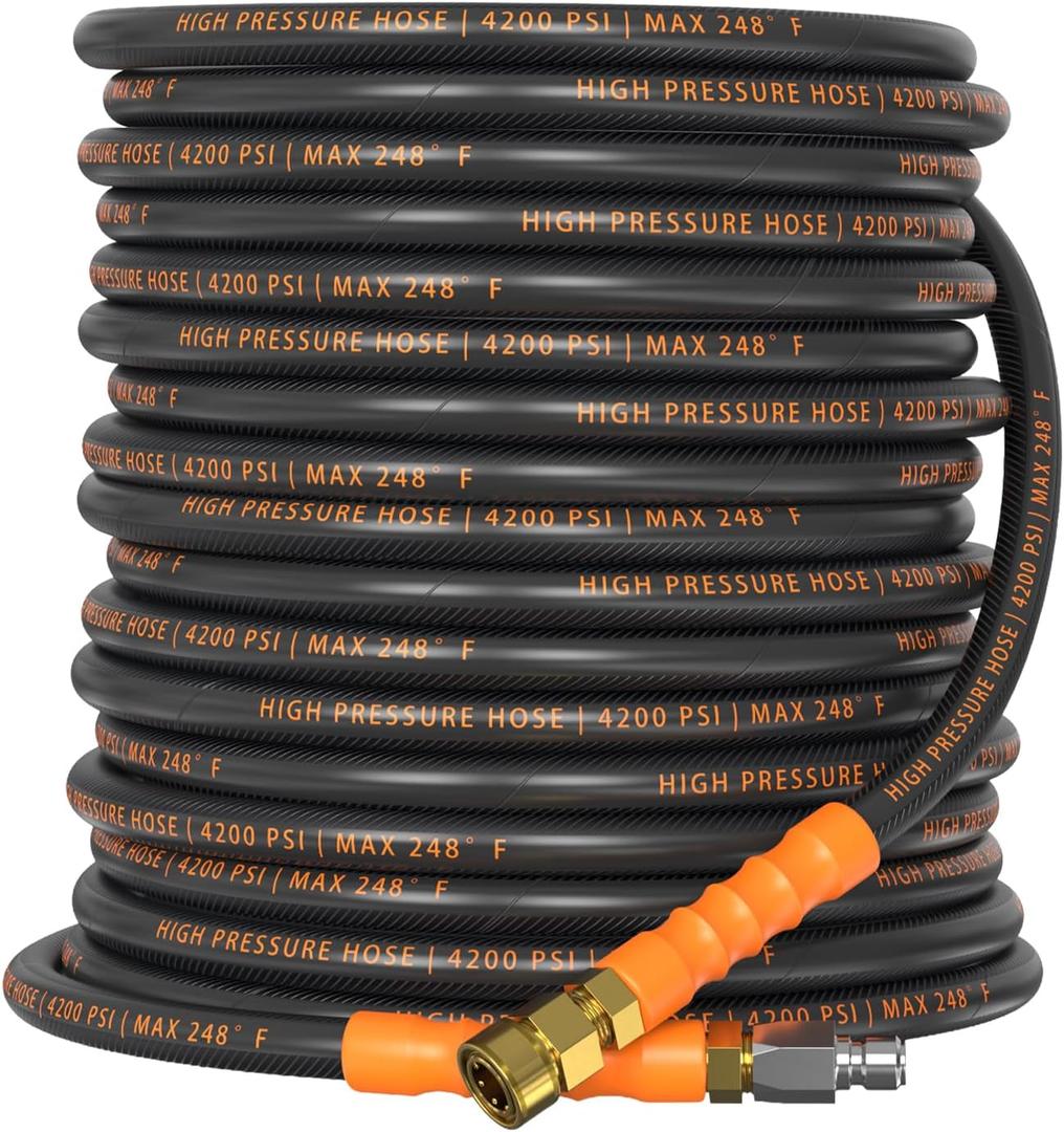 Pressure Washer Hose 50 ft, 4200 PSI Steel-Braided & Durable - Flexible & Kink-Resistant, Power Washer Hose with 3/8" Swivel Quick Connect, Hot/Cold Water Compatible - 50 Foot, Black