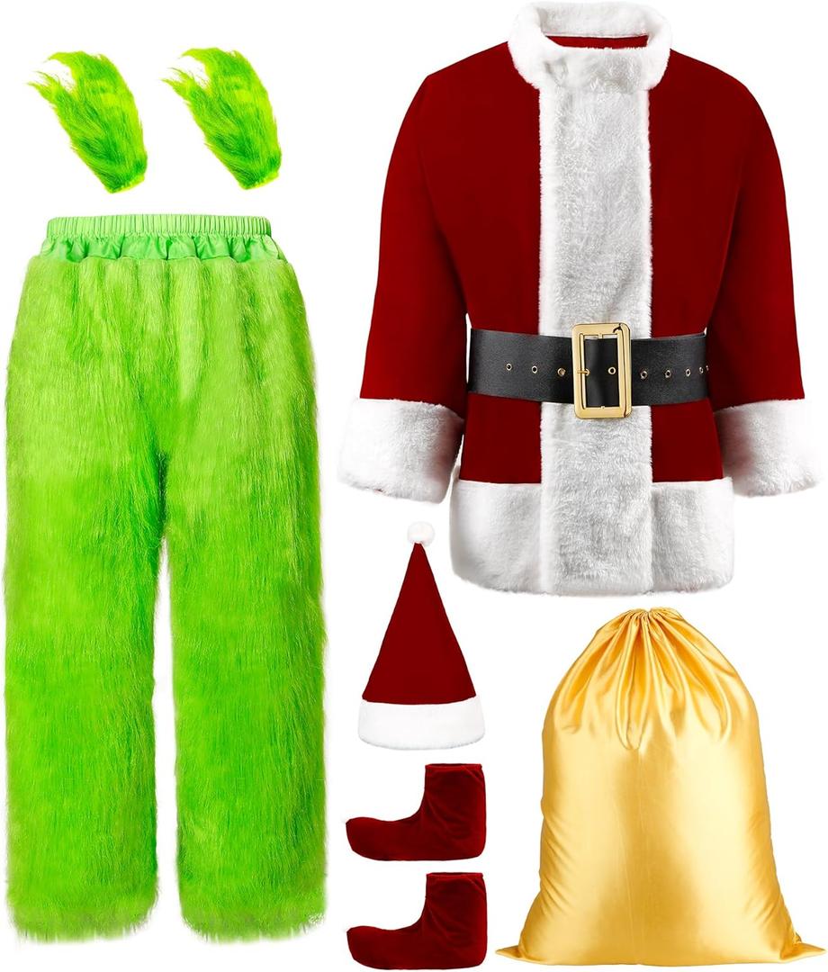 Mojonnie Green Costume Adult 8PCS Adult Halloween Christmas Santa Claus Costume for Men Santa Suit Furry Cosplay Suit (Large)