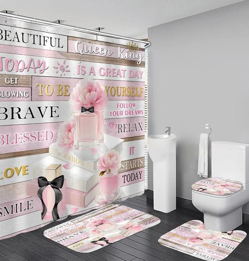 AZHM 4Pcs Shower Curtain Set Pink Fashion Floral Bathroom Decor Inspirational Quotes Bathroom Shower Curtain with Rugs and Accessories Girly Perfume Bathroom Set