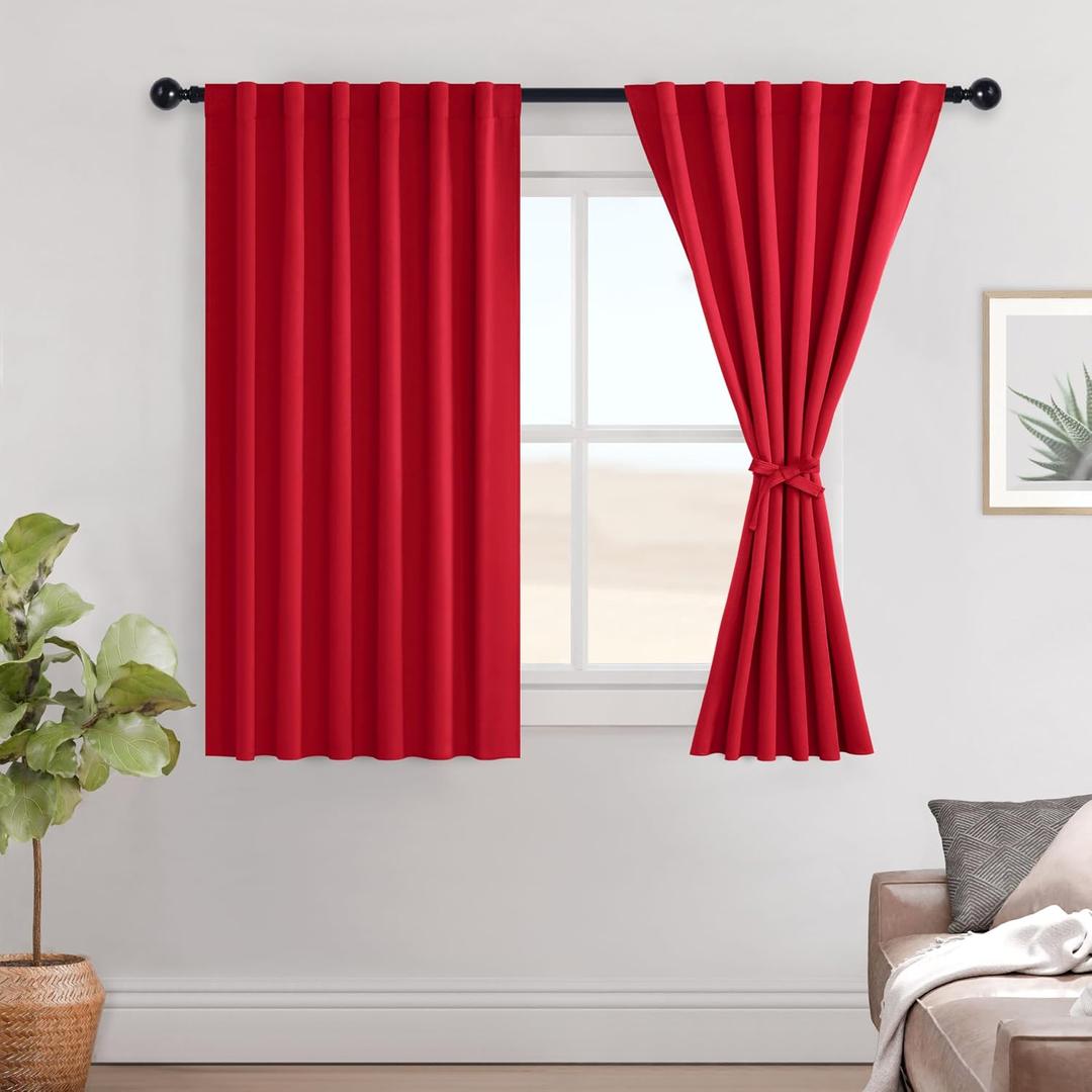 Hiasan Red Christmas Curtains for Living Room Blackout Curtains 45 inch Length Back Tab Energy Efficient Thermal Drapes for Winter Light Blocking Panels with Tiebacks, 52" W x 45" L, 2 Panels