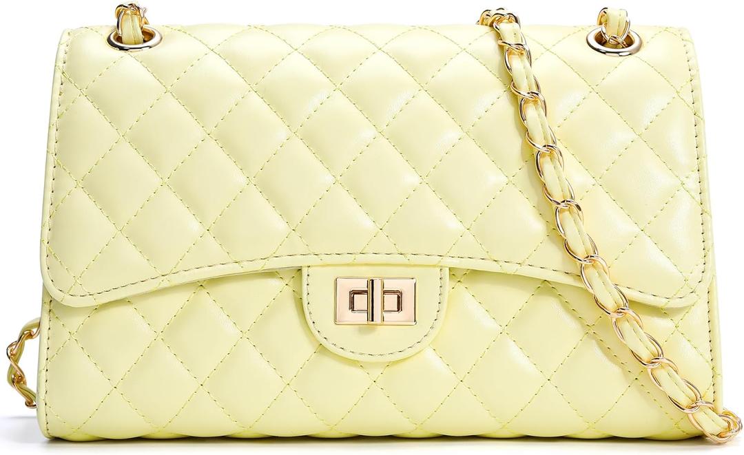 Quilted Crossbody Purse for Women Trendy Ladies Shoulder Bag with Chain Strap PU Leather Cross Body Bags Satchel HandBag (Light Yellow)