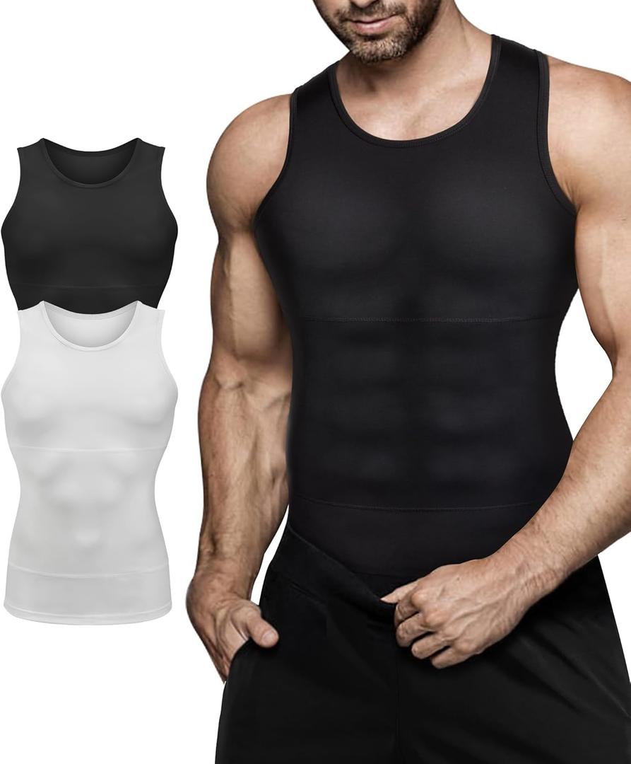 Mens Compression Shirt Slimming Body Shaper Vest Workout Tank Tops Abs Abdomen Undershirts (Large, Black+white)