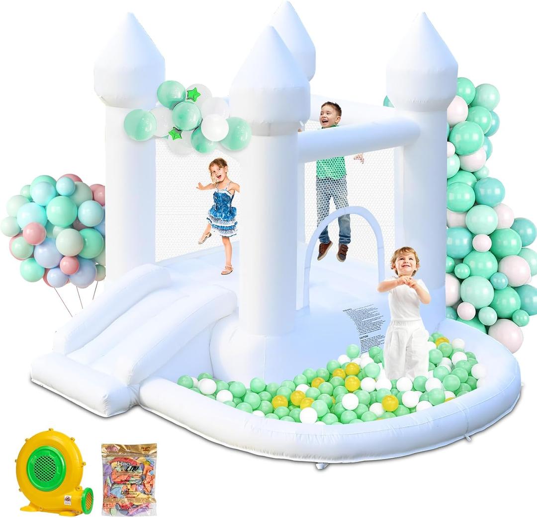 White Bounce House, Inflatable Bounce House with Ball Pit & Slide for Kids Indoor Bounce House Portable Fun House Outdoor Bounce House with Blower for Birthday Party, Wedding Decor