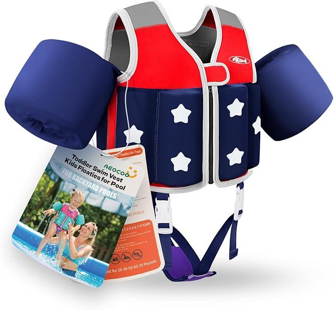AEOCOO Kids Pool Floaties 123579 Years Old, Toddler Swim Vest 20305070 Pounds, Comfortable Extended Wear Kids Float Jacket with Crotch Strap, Bright Design and Unpadded Sides, Red