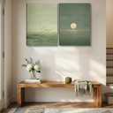 2Pcs Japanese Sage Green Canvas Wall Art Minimalist Moon and Bird Wall Decor Pictures Japanese Landscape Posters Prints for Living Room Bedroom Office Zen Home Decoration 16X24in Ready to Hang