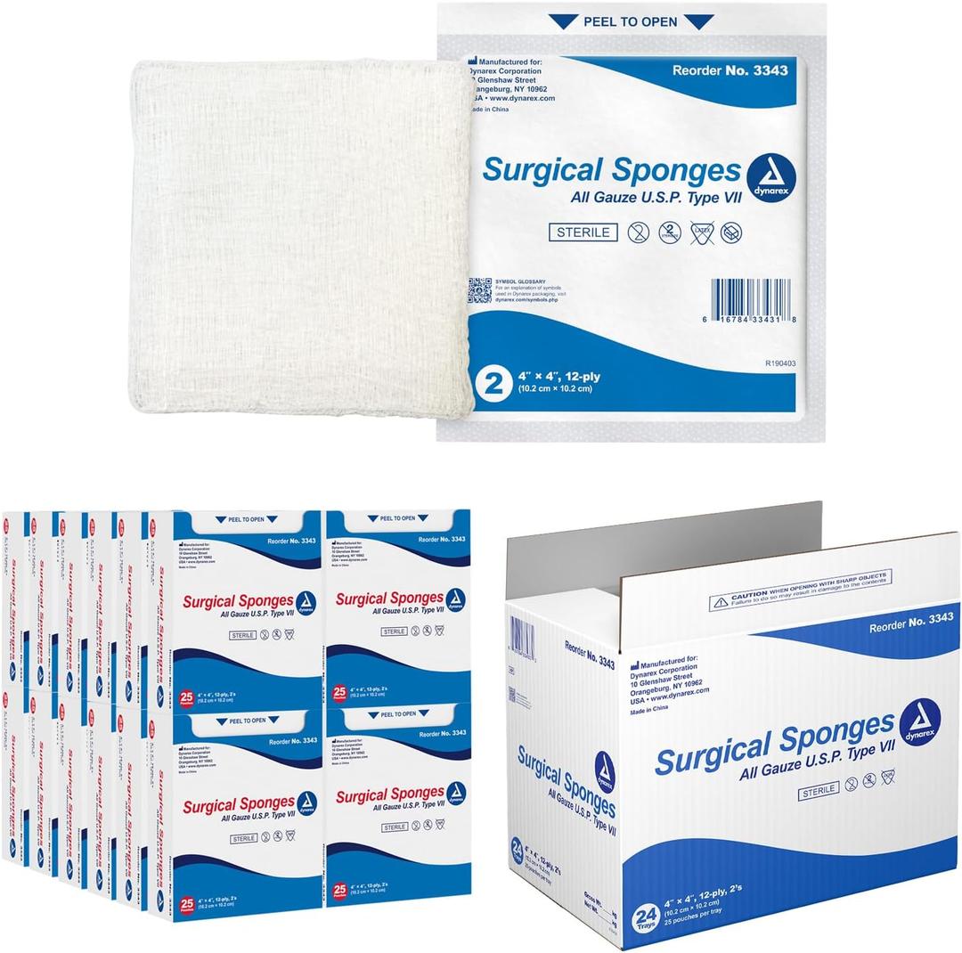 Dynarex Surgical Gauze Sponges - Absorbent Cotton Fabric with Folded Edges - Soft, Durable, Individually Wrapped Dressing - 4x4, 12-Ply, Sterile 2's - 25 Pouches Per Box, Case of 24 Boxes