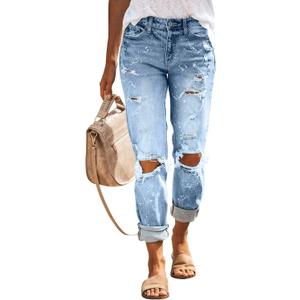 KUNMI Women's Ripped Mid Waisted Boyfriend Jeans Loose Fit Distressed Stretchy Denim Pants (Blue, XS) 1009-blue 