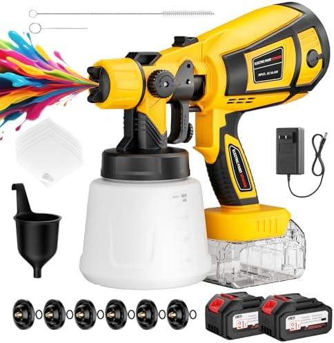 Paint Sprayer Cordless, 650W High-Efficiency Electric Spray Paint Gun with 2x4.0Ah Batteries & 6 Brass Nozzles, Easy to Clean & Use, 3 Spray Patterns for Furniture, Walls, Fences, DIY Home Projects