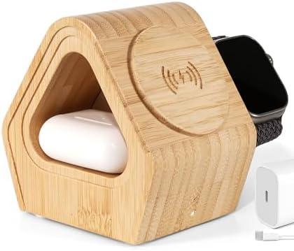Bamboo Wireless Charging Station: 3-in-1 Charger Stand with Bamboo Cabin Style for Apple, iPhone 16, 15, 14, 13, 12 Series, Watch 10-2, Ultra, and AirPods 4-2, Pro, 23W MagSafe Fast Wireless Charger