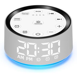 Alarm Clock Sound Machine White Brown Noise Machine with 30 Sleeping Sounds for Baby Kids Adults Night Light Bedroom 2 Alarms Backup Battery 32-Level Vol 15 Wake up Sounds for Mild Heavy Sleeper