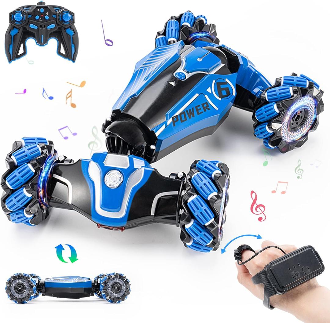 RC Stunt Car, 2.4GHz 4WD Drive Remote Controlled Gesture Sensor Toy Car, Hand Remote Control car with 360 Flipping Light and Music, Children's Toys for Boys and Girls Aged 5-13 (Deep Blue)