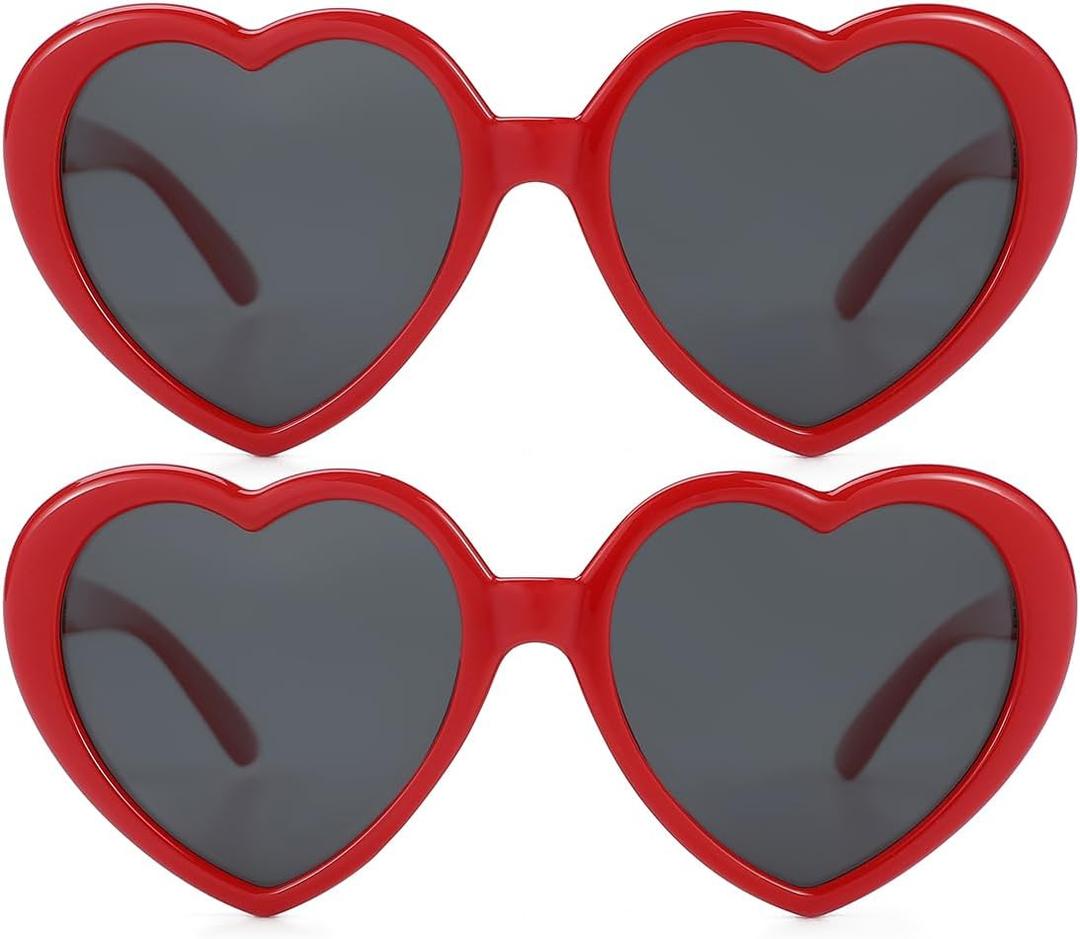 JOVAKIT Kids Polarized Heart Shaped Sunglasses for Girls Age 3-18, Fashion Lovely Rave Party Sun Glasses UV Protection (Two Pack: (Red/Grey+red/Grey))