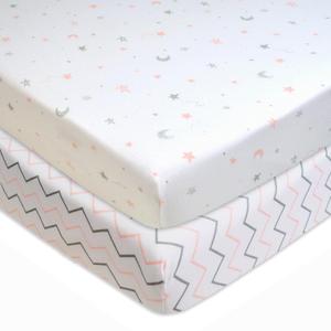 American Baby Company 2 Pack 100% Natural Cotton Fitted Mini Crib Sheets 38" x 24" - Soft & Breathable Small Nesting Portable Sheets, Fits Pack N Play Mattresses, Pink Stars/Zigzag, for Boys & Girls