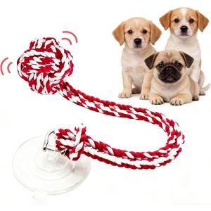 Interactive Dog Toy with Suction Cup, Rope Ball & Built-in Bell, Red White | Tug-of-War Interactive Play|Supports Puppy Teething & Healthy Chewing|Designed for Small Dogs|Solo Indoor Enrichment Toy