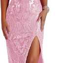 Women's Mermaid Sequin Prom Dresses with Slit Sparkly Spaghetti Straps Long Evening Dress Backless Cocktail Dresses (14, Pink)