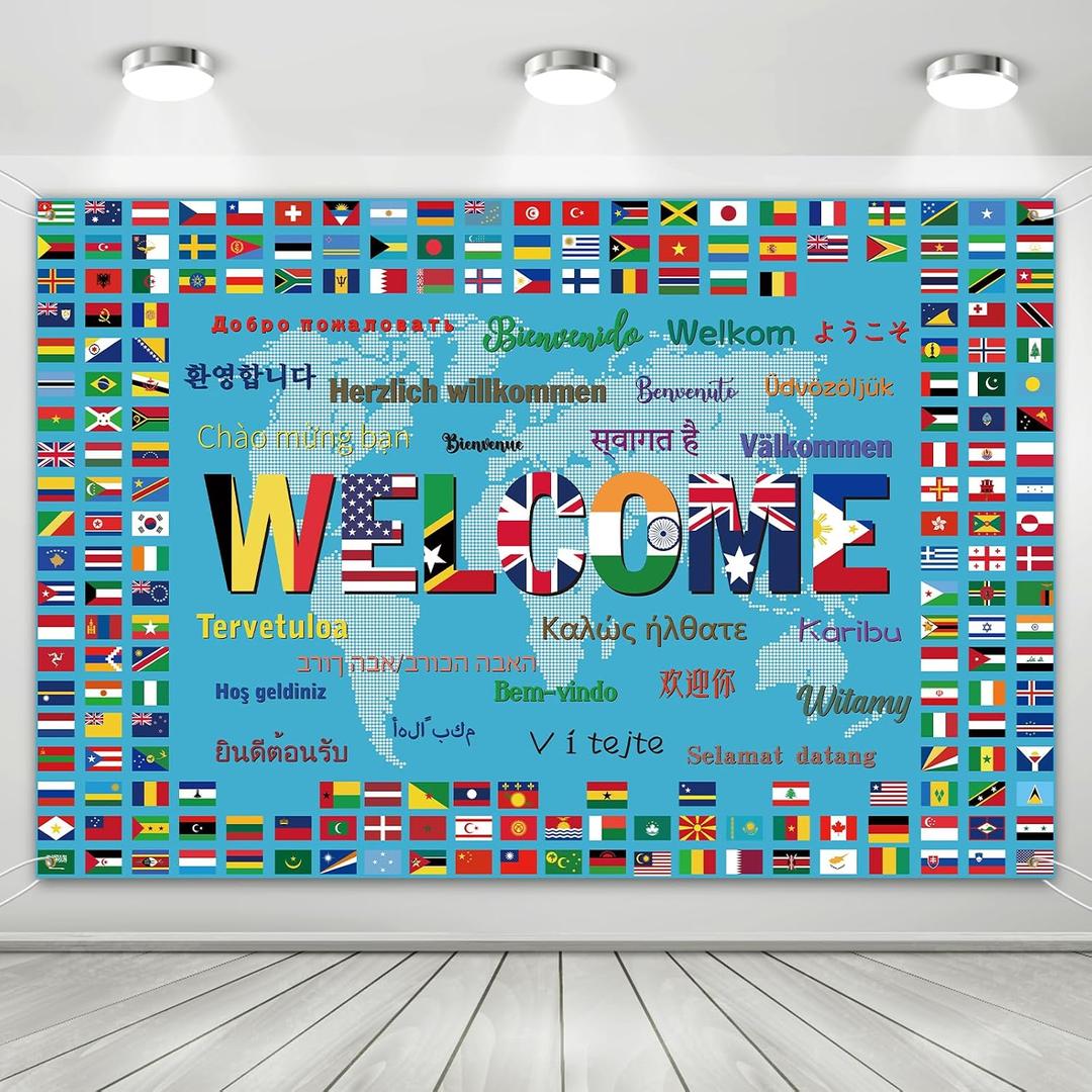 World Backdrop Banner,6x4ft International Welcome Background, 70X 47Inches