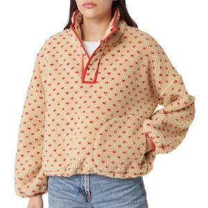 Fuzzy Fleece Jacket Women Long Sleeve Half Button Down Tops Casual Sherpa Pullover Sweatshirt Warm Winter Outerwear (Large, Red)