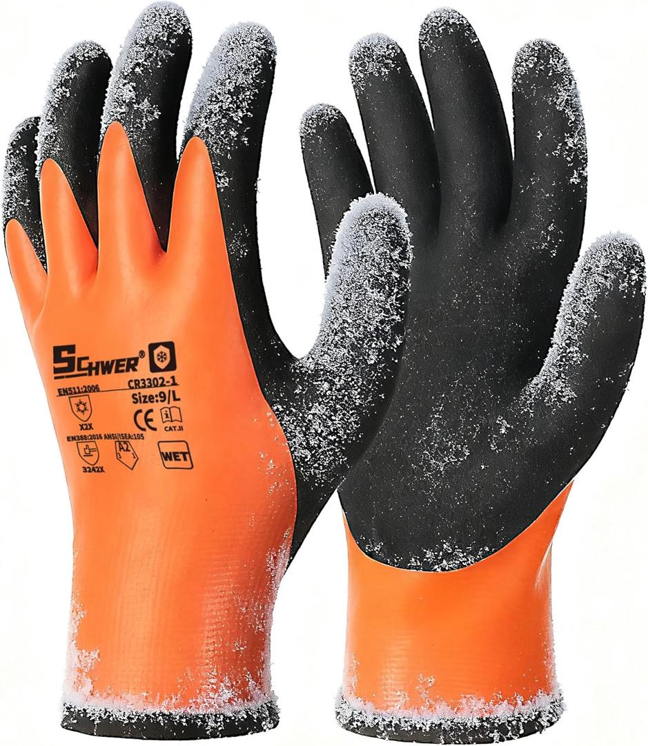 Schwer 2 Pairs 100% Waterproof Winter Work Gloves, ANSI A2 Cut Resistant Freezer Gloves for Outdoor Cold Weather Keep Hands Warm, Thermal Insulated Gloves for Shoveling Snow, Ice Fishing, L