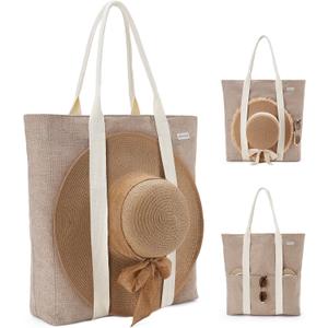 Large Beach Tote Bag with Zipper-Travel Tote Bag for Women with Sun Hat Holder Strap Boho Summer Beach Tote (Beige)