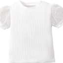 OPAWO Toddler Girl Shirts, Puff Dot Sleeve Baby Tee Shirt, Ribbed Short Sleeve T-Shirt, Solid Color Girls Tshirt Tops, White, 6-7 Years