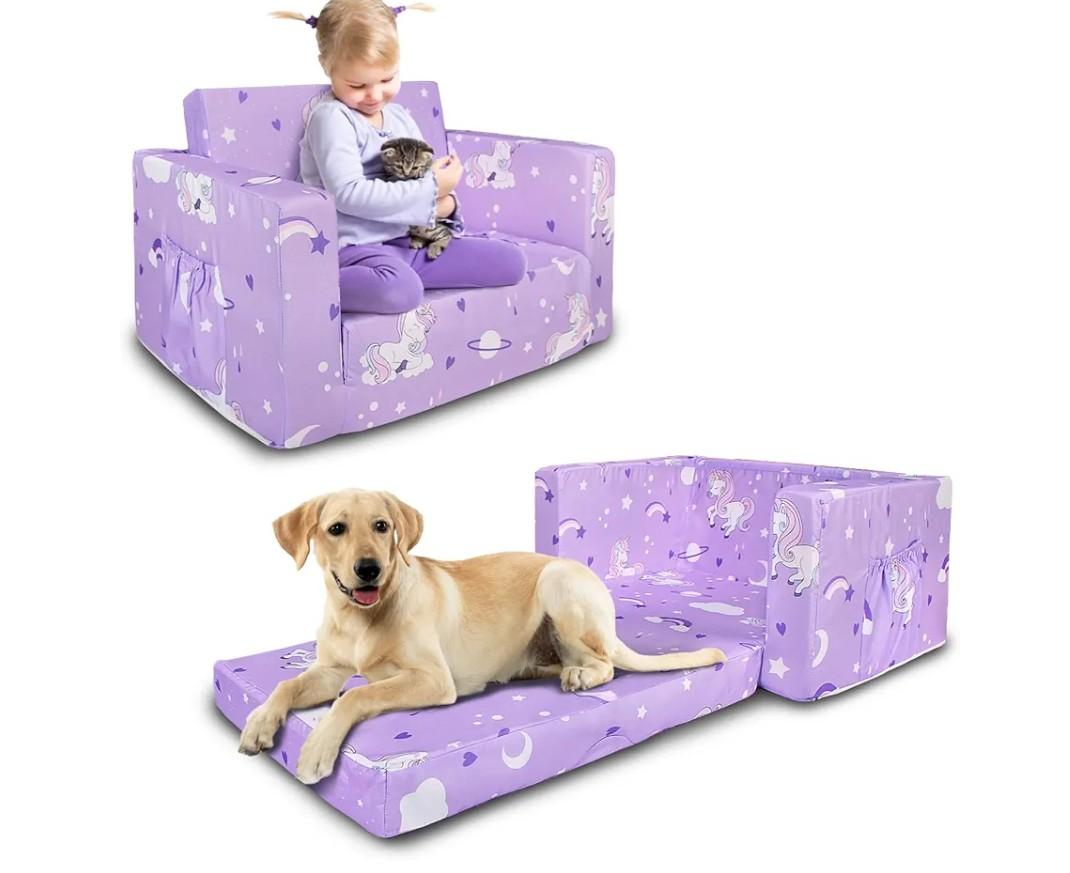 Kids Couch, 2-in-1 Kids Fold Out Couch, Convertible Kid Sofa to Lounger for Girls and Boys, Soft Toddler Chairs Comfy 1-3 Years Old