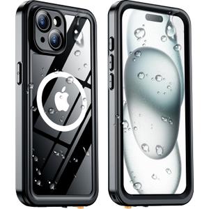 Temdan Magnetic for iPhone 15 Case Waterproof, [Built-in Screen Protector][IP68 Underwater][15FT Military Dropproof][Dustproof][Real 360] Full Body Shockproof Protective Phone Case 6.1'' - Black/Clear