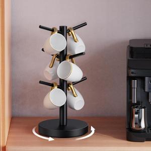 Coffee Mug Holder Tree, Upgraded 360 Rotated Cup Holder for Counter, Wood Mug Rack with 6 Hooks, Coffee Mug Organizer Station, Mug Stand Bar Accessories, Black
