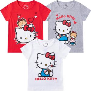 Hello Kitty Sanrio Girls 3 Pack Short Sleeve T-Shirt for Little and Big Kids (12, White/Grey/Red)