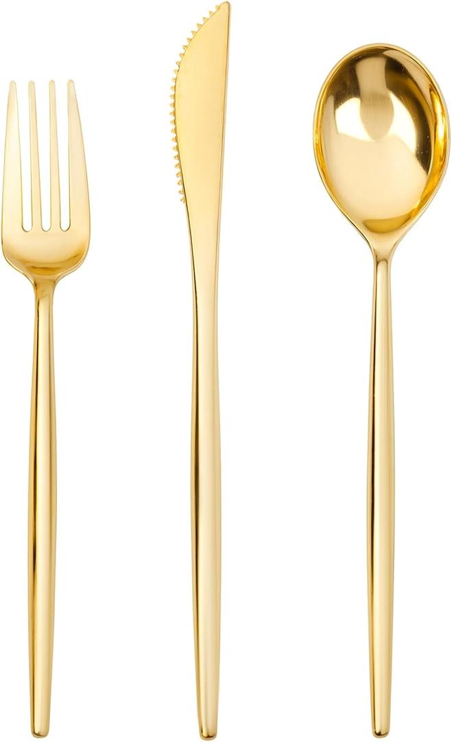 SUT 150 PCS Gold Plastic Silverware, Plastic Utensils, Gold Silverware Disposable, Disposable Utensils Heavy Duty, Plastic Cutlery Set,Includes:50 Knives, Forks and Spoons for Party, Birthday, Wedding
