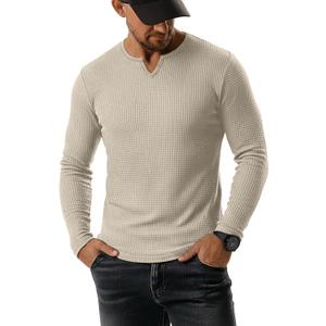 Men's Waffle V Neck Shirt Long Sleeve Thermal Pullover Top Casual Stretch Lightweight Undershirt (Medium, Khaki)
